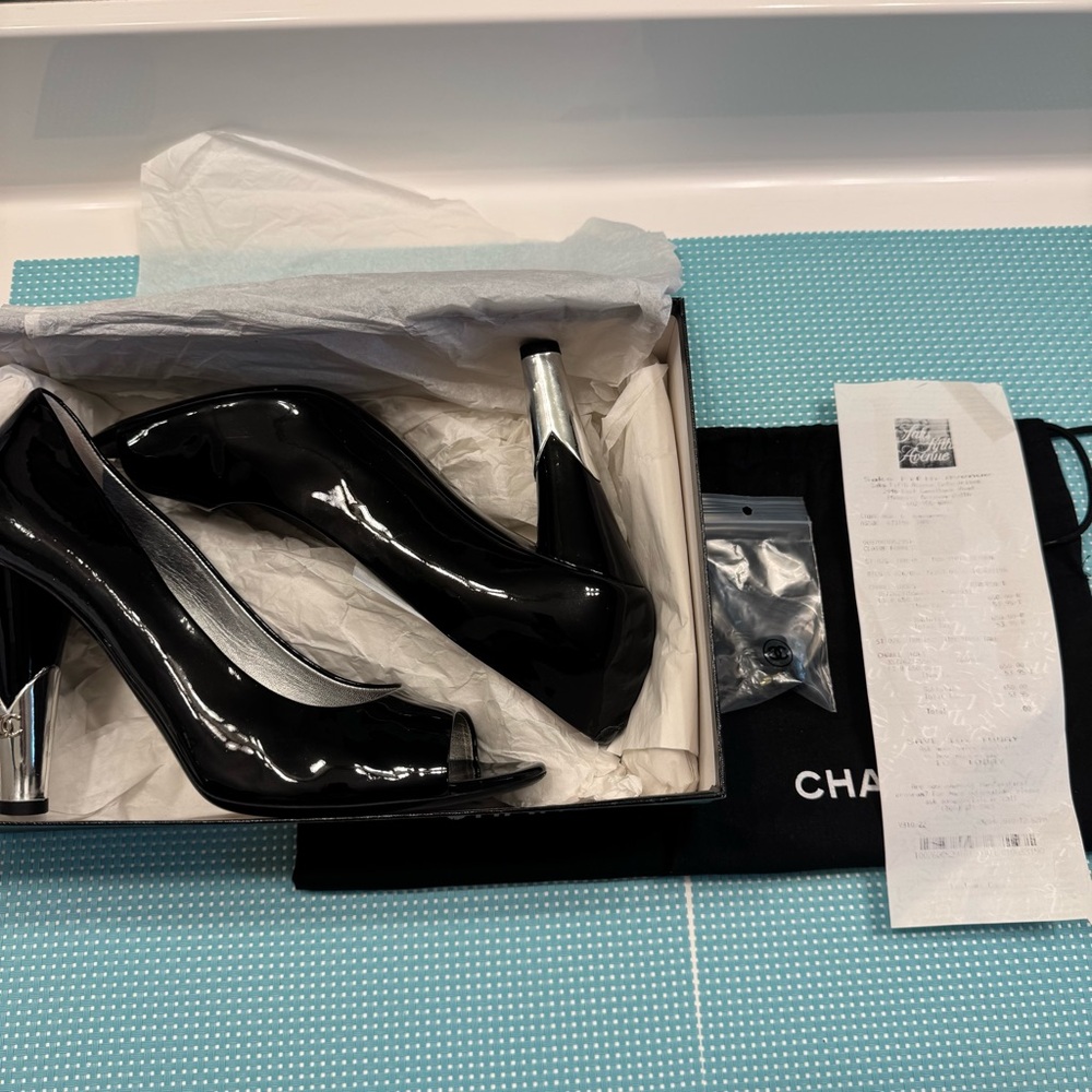 Authentic CHANEL Black patent peep toeHeels with silver like new box/ receipt - Picture 15 of 16